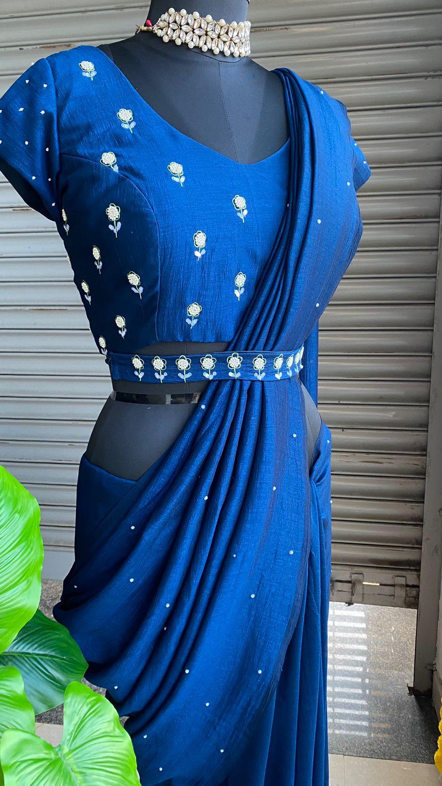 Deep blue marble silk saree with hand worked saree - Threads