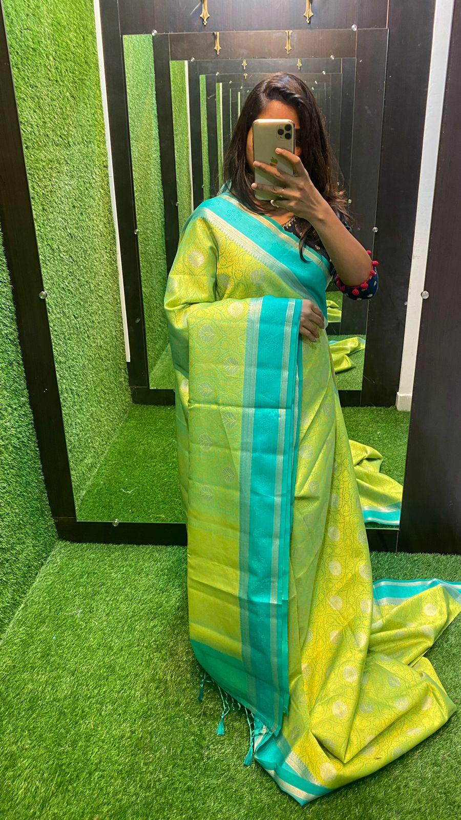 Green & Red Combination Brasso Silk Saree With Work Blouse – Bahuji -  Online Fashion & Lifestyle Store