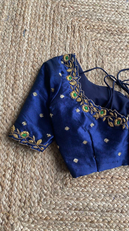 Midnight blue silk embroidery hand worked blouse - Threads
