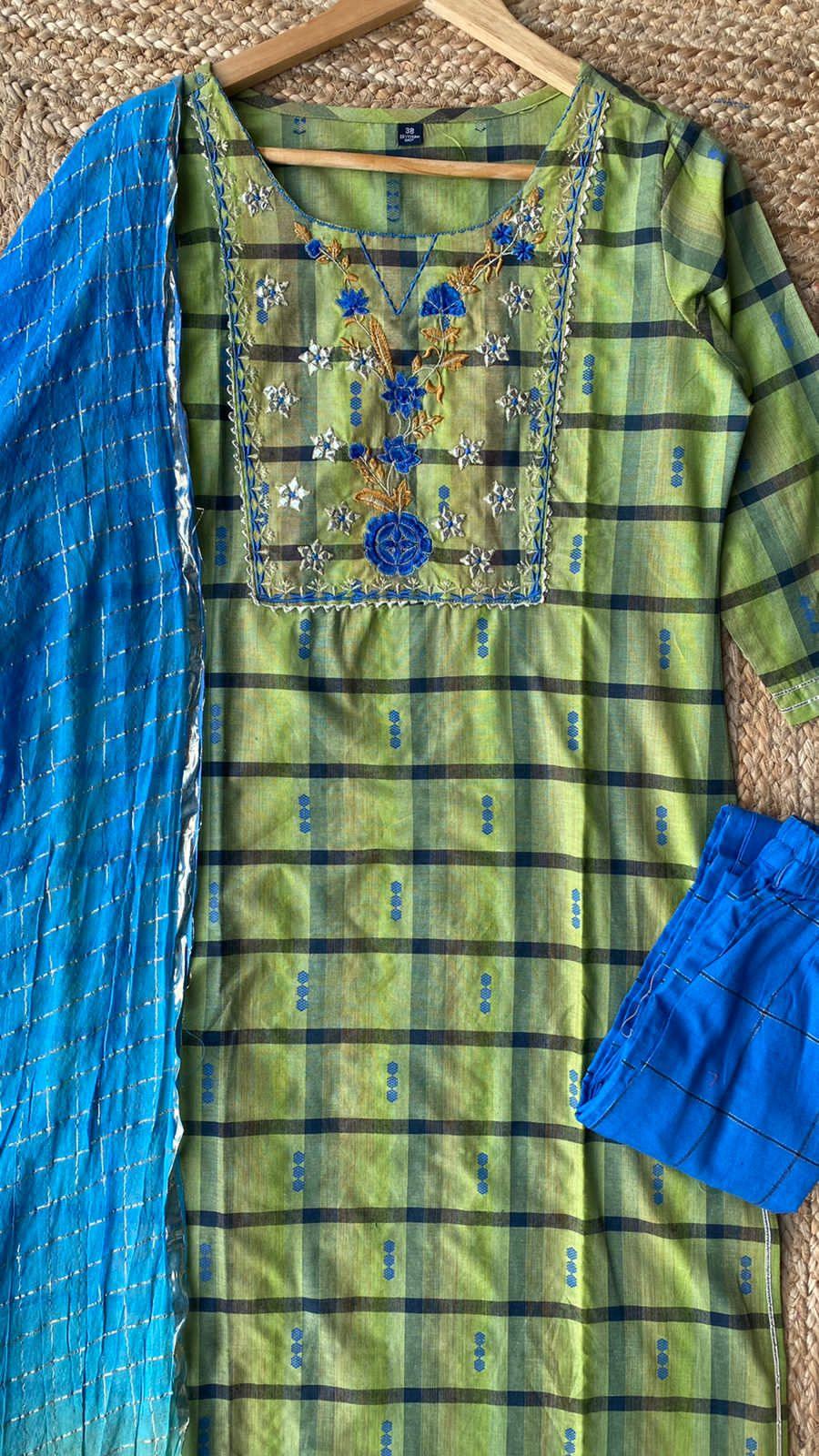 Cotton embroidery green 3 piece kurti set - Threads