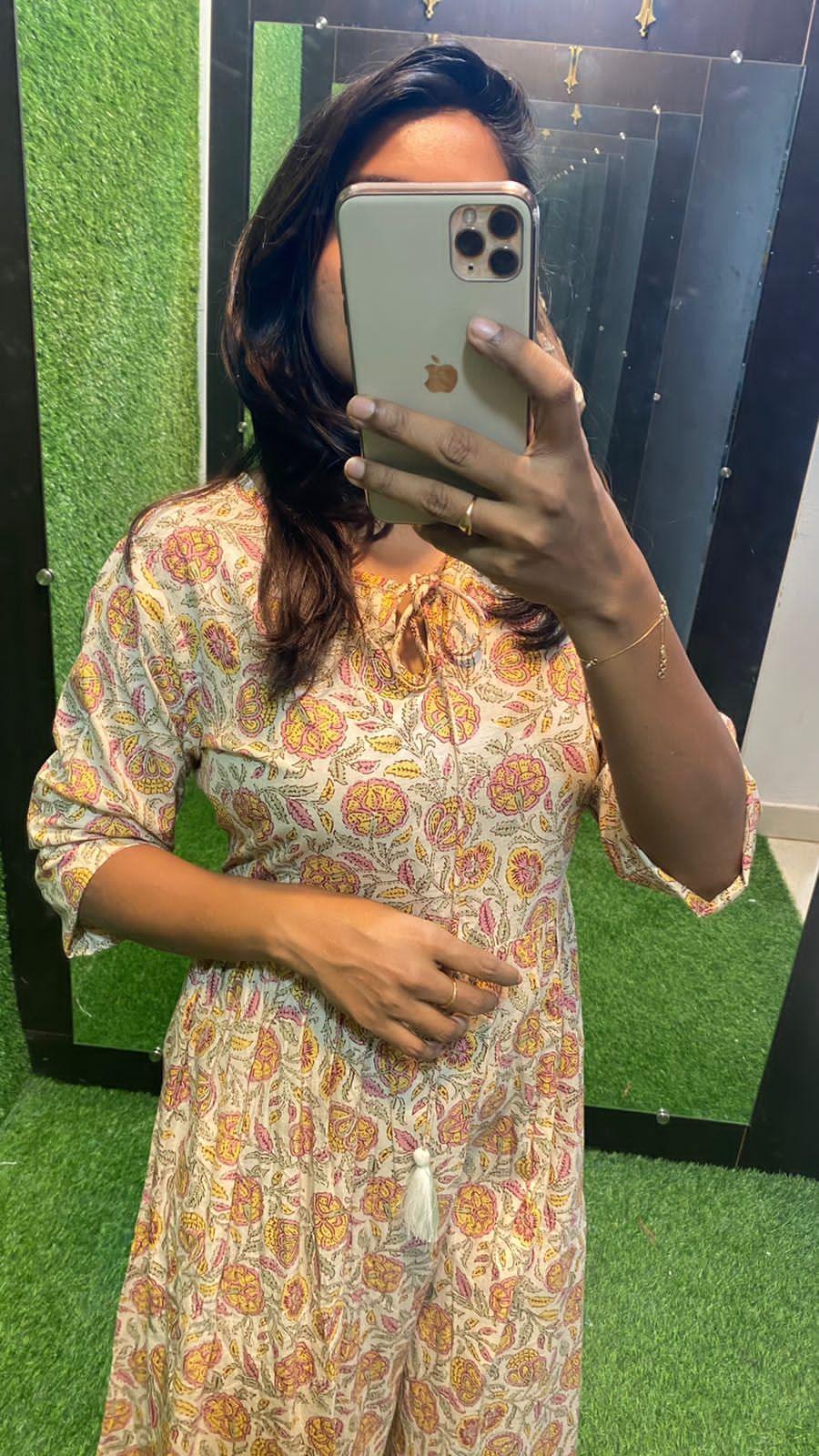 Beige Cotton printed maxi kurti top