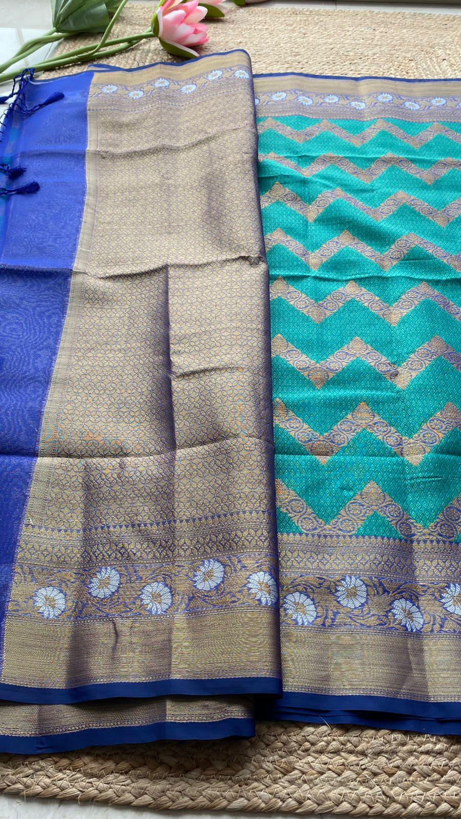 Sea blue silk chanderi saree with blouse - Threads