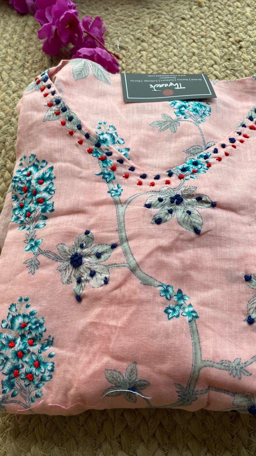 Peach floral Cotton printed short kurti top - Threads