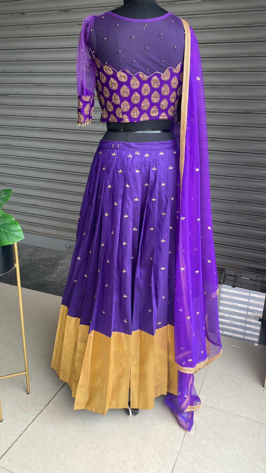 Purple silk embroidery hand worked lehenga - Threads