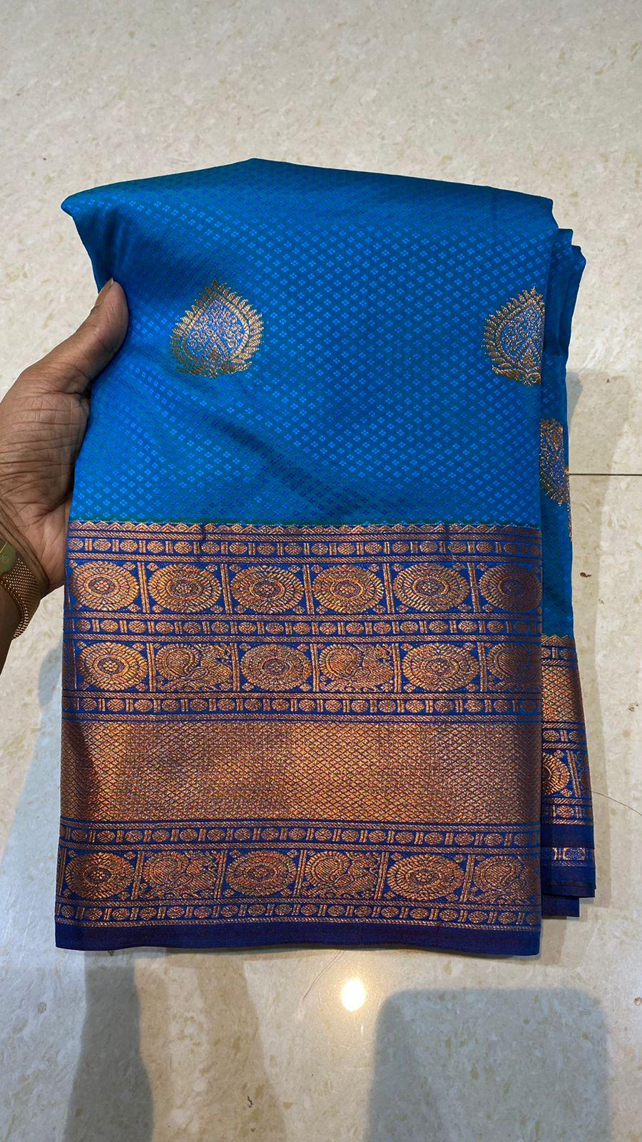 Sea blue silk saree with blouse - Threads