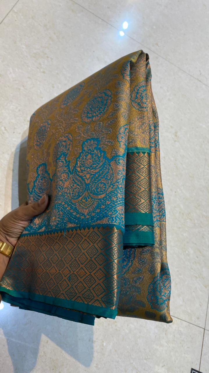 Yellow and peacock silk saree with blouse - Threads