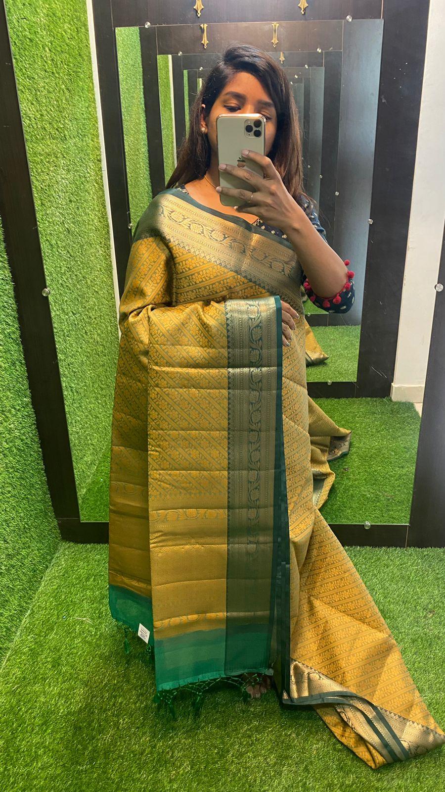 Yellow and green dual shaded silk saree with blouse - Threads