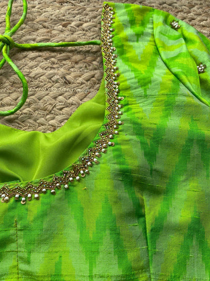 Lime yellow and green ikkat hand worked blouse - Threads