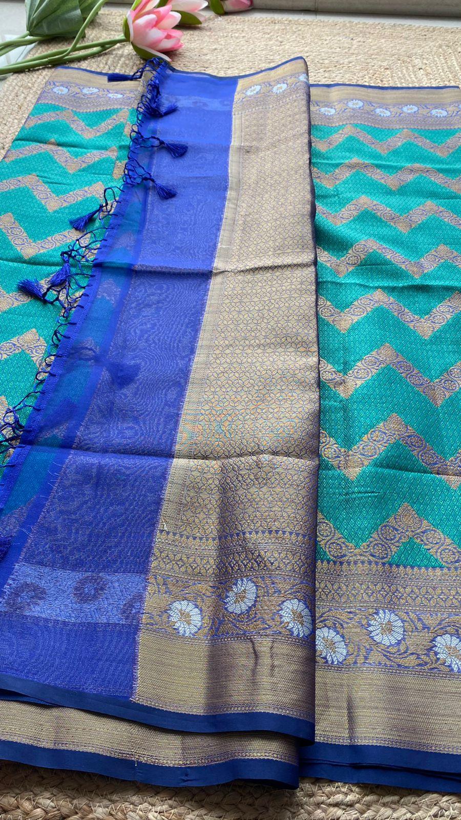 Sea blue silk chanderi saree with blouse - Threads