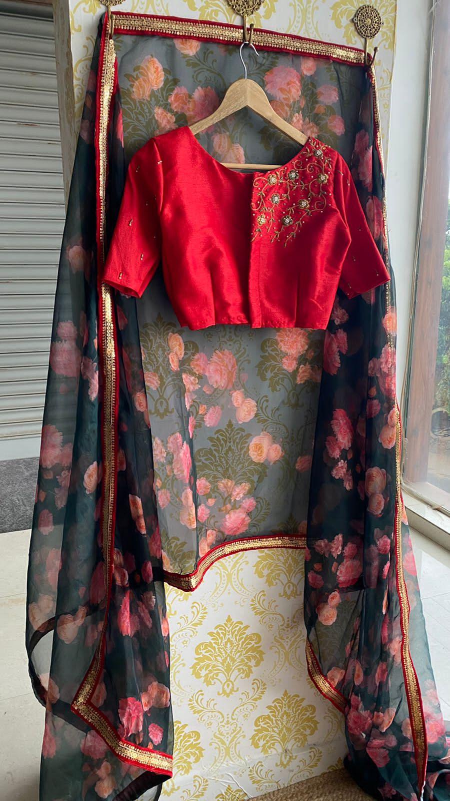 Deep blue floral soft organza saree with hand worked blouse - Threads