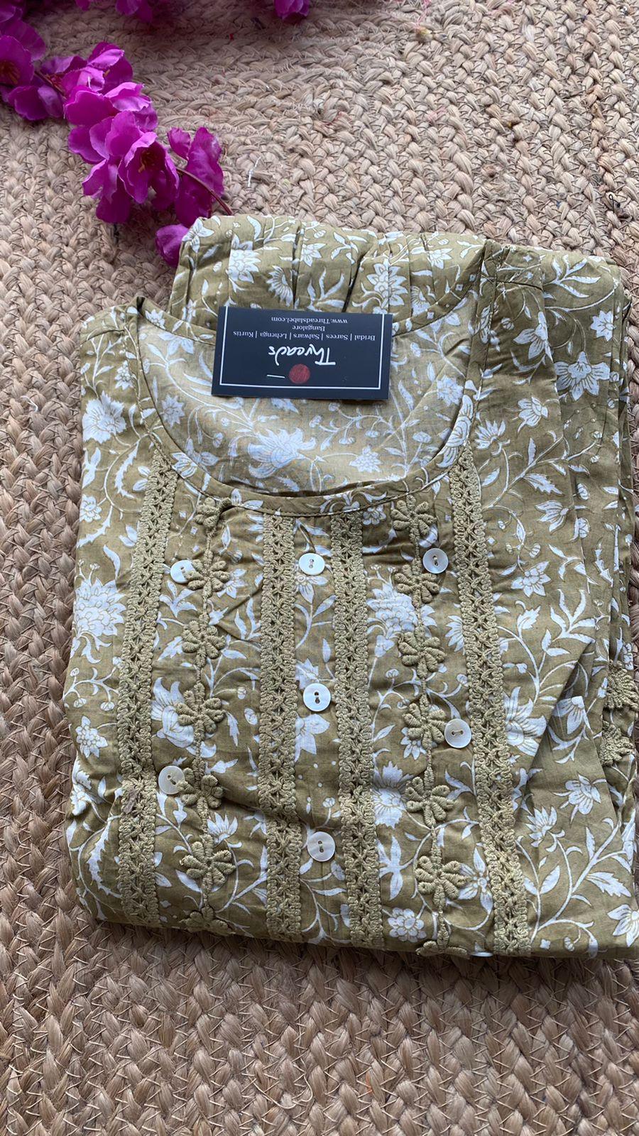 Light mehandi Cotton printed embroidery short kurti top - Threads