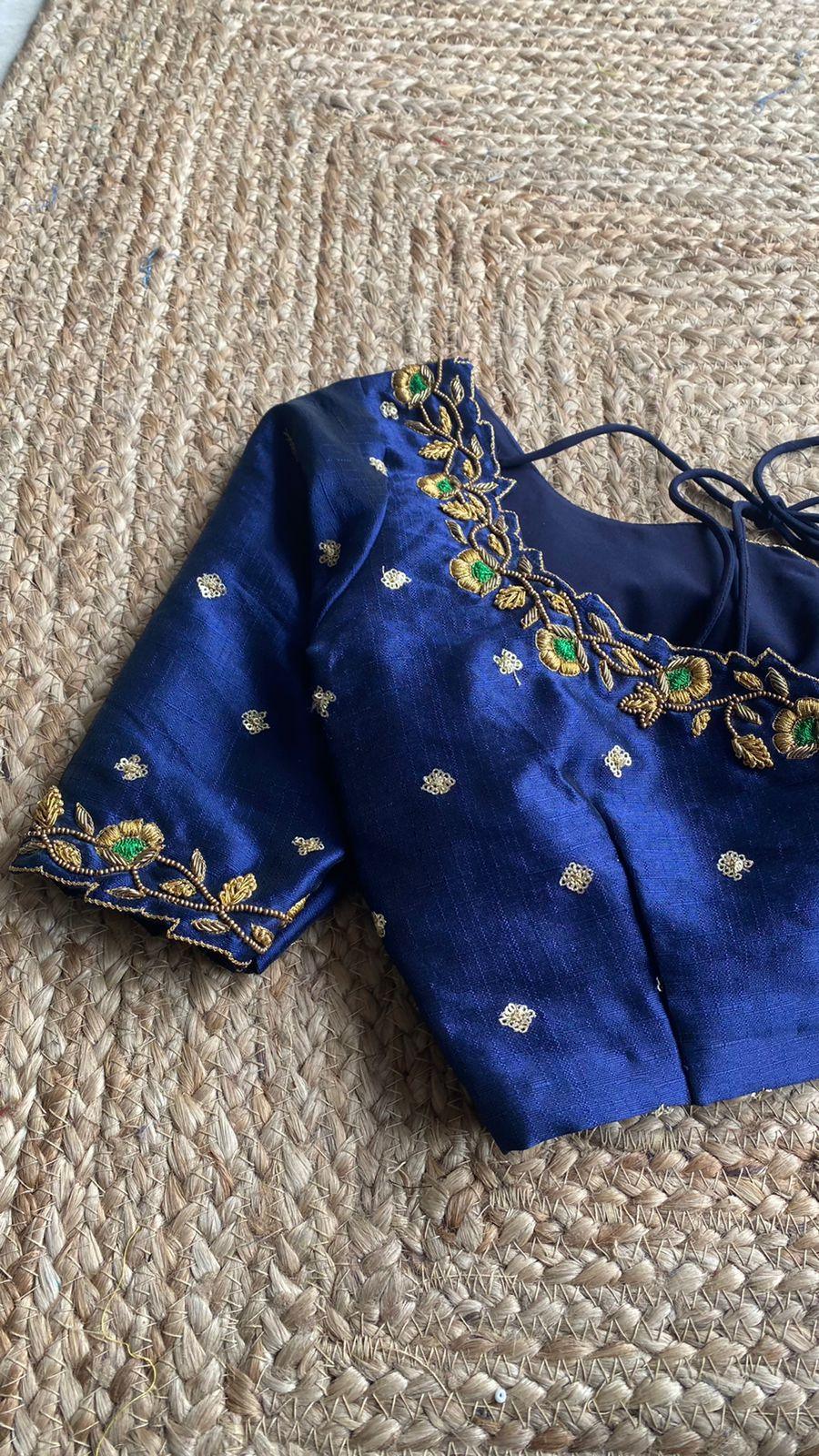 Midnight blue silk embroidery hand worked blouse - Threads