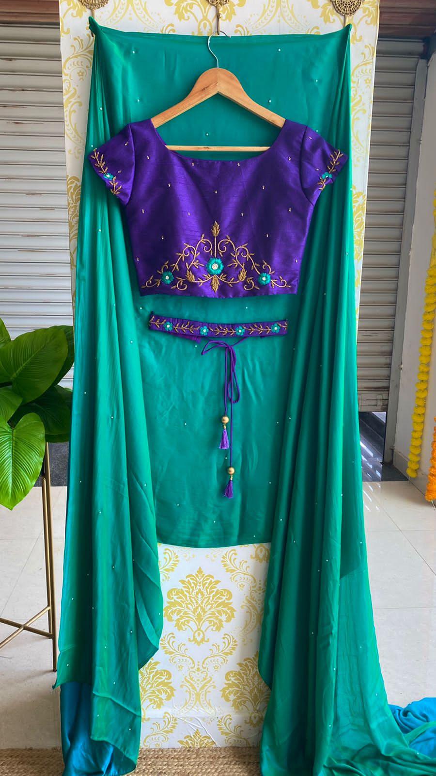 Peacock dual shade malai silk saree with purple blouse - Threads