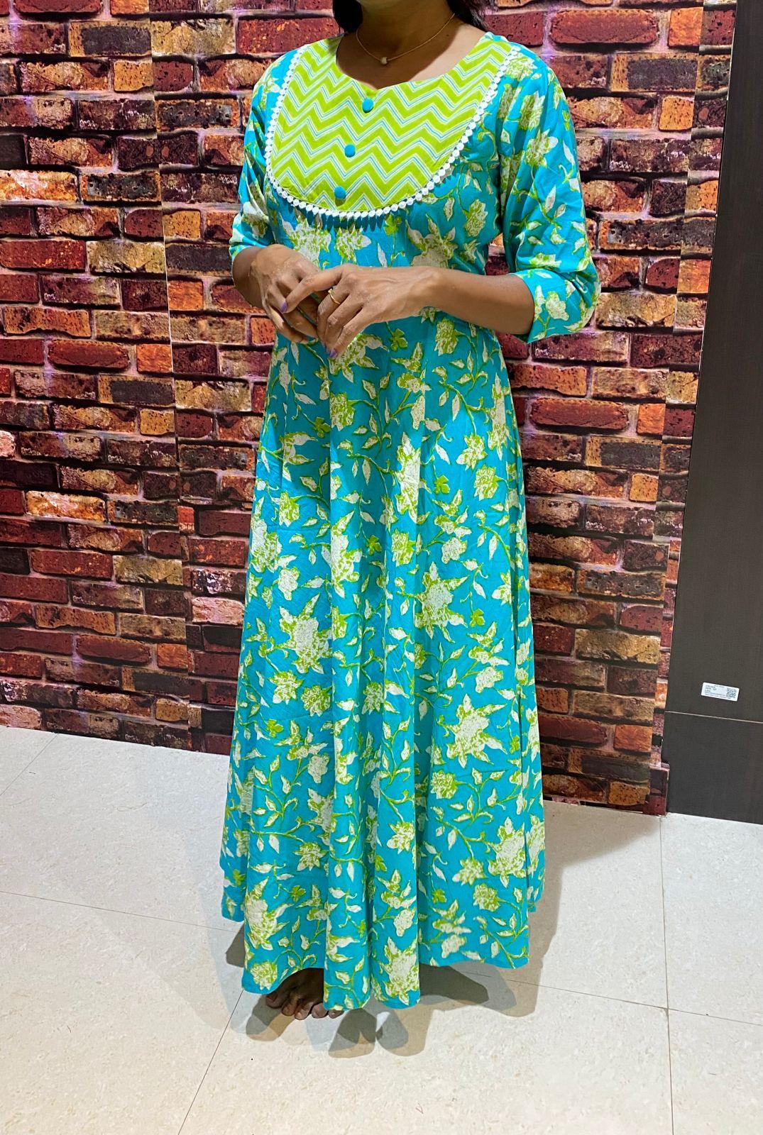 Green yellow floral printed cotton kurti top - Threads