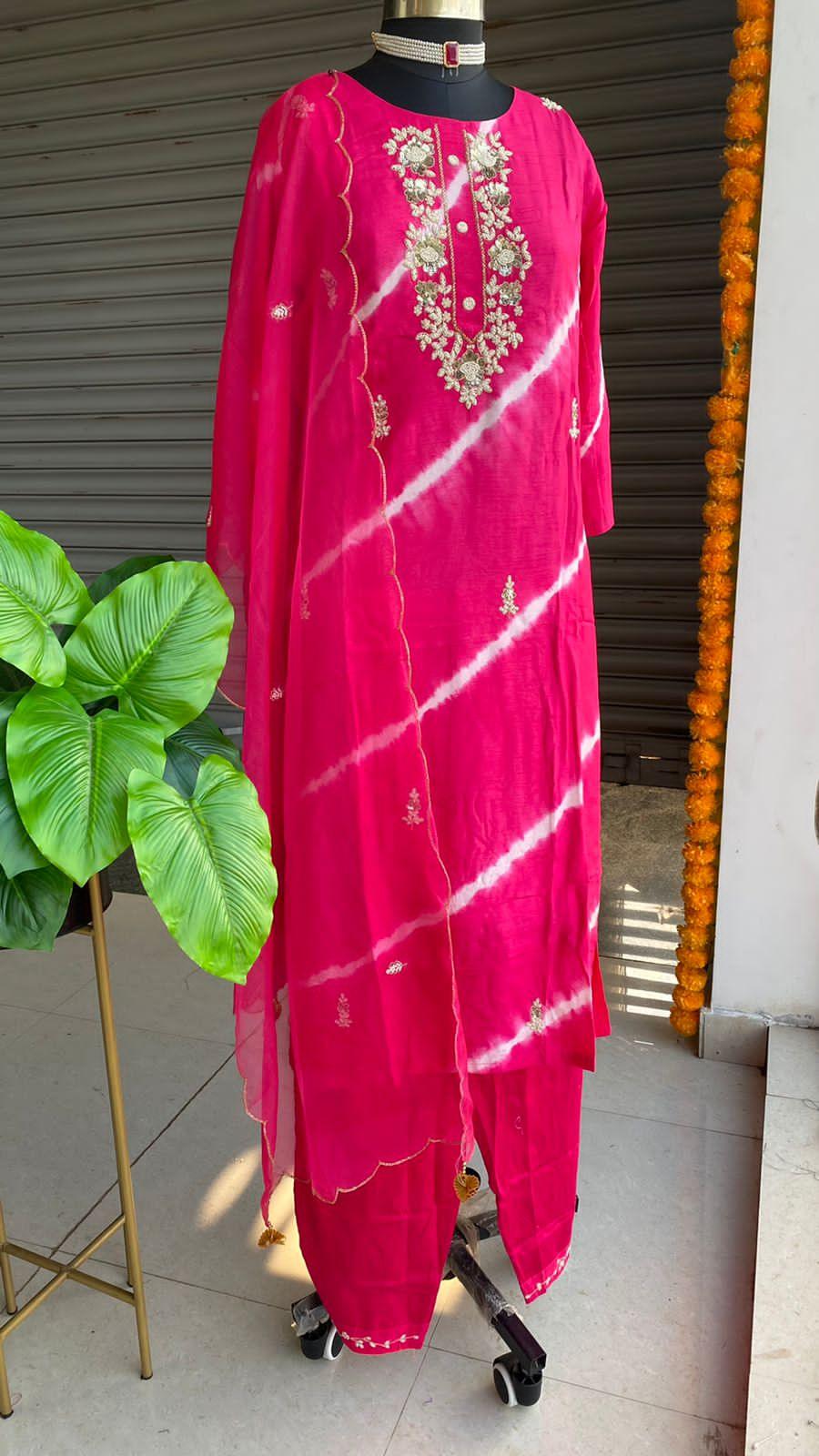 Pink tie and die muslin embroidery hand worked 3 piece kurti set - Threads