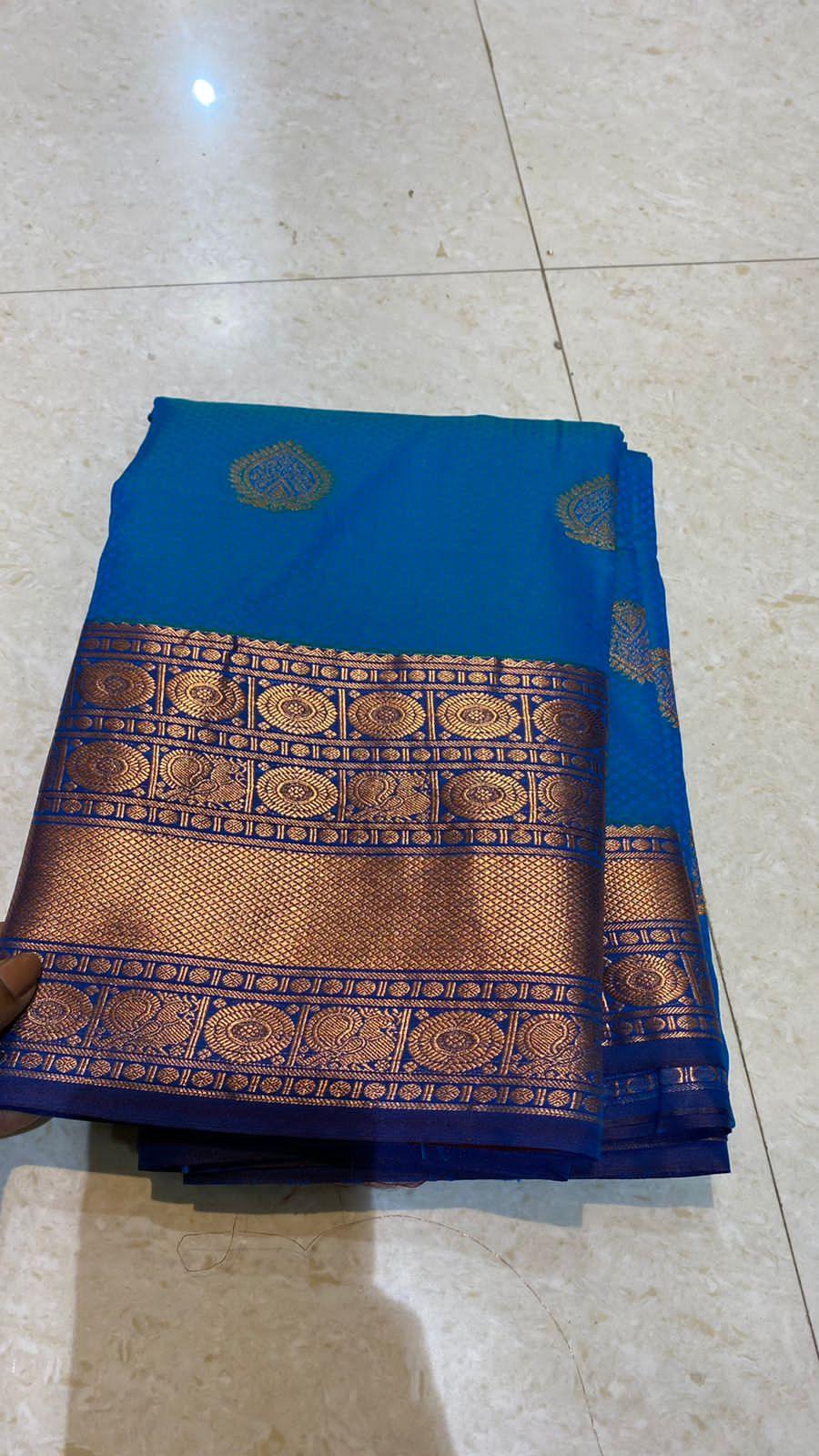 Sea blue silk saree with blouse - Threads