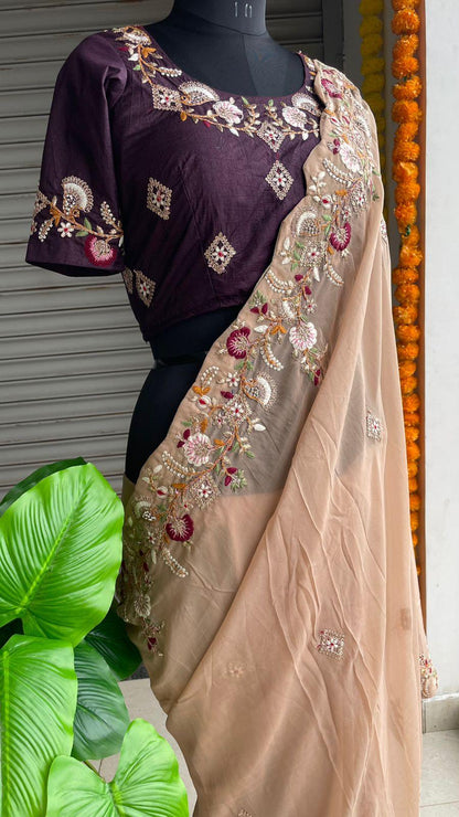 Chocolate brown soft organza saree with heavy hand worked Blouse - Threads