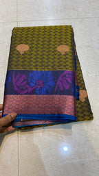 Mehandi green blue semi silk saree with blouse - Threads