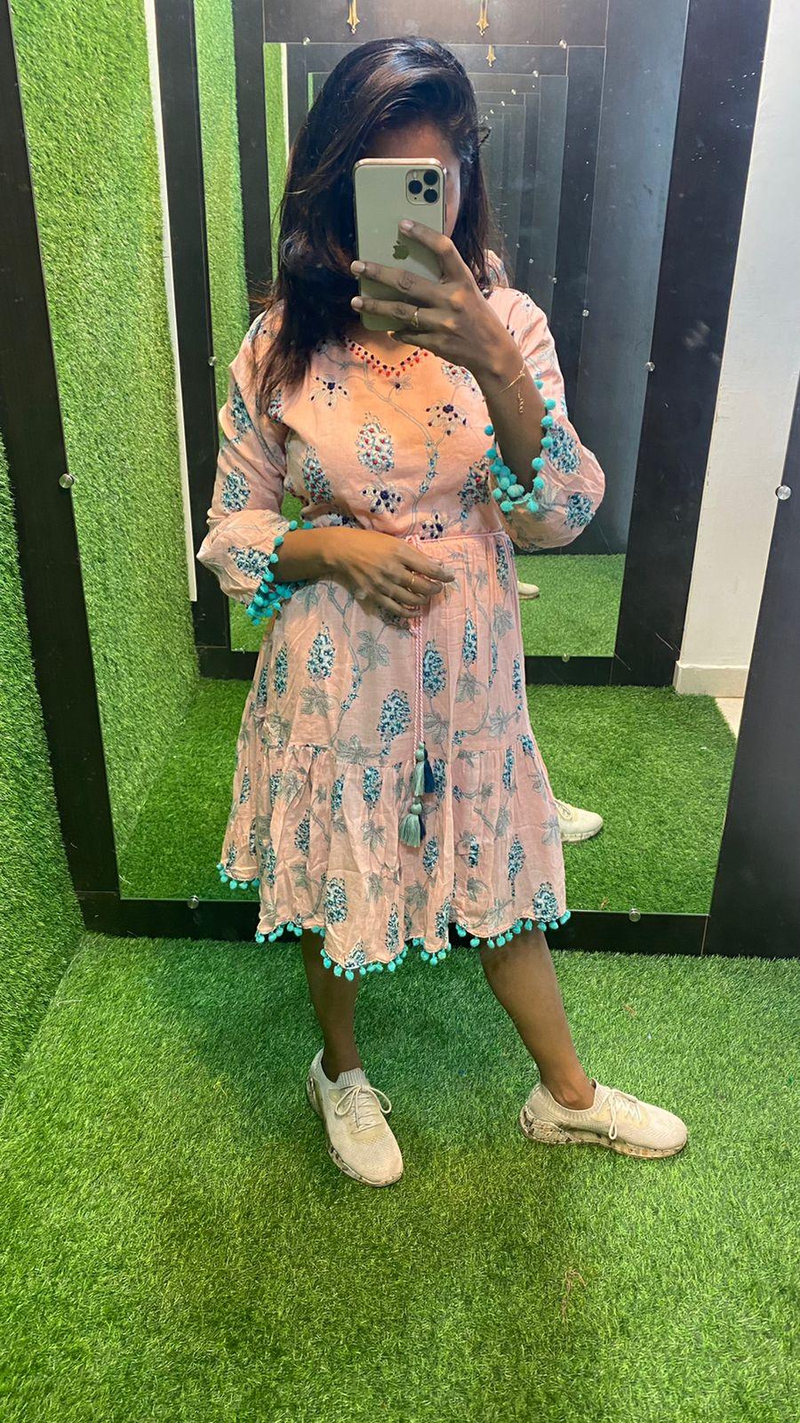 Peach floral Cotton printed short kurti top - Threads