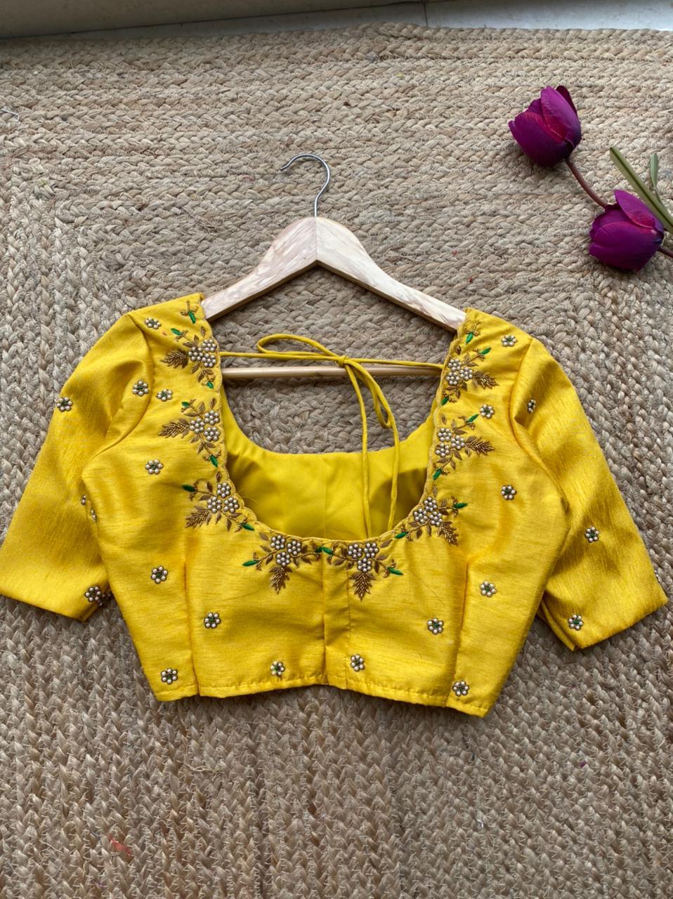 Yellow silk hand worked blouse - Threads