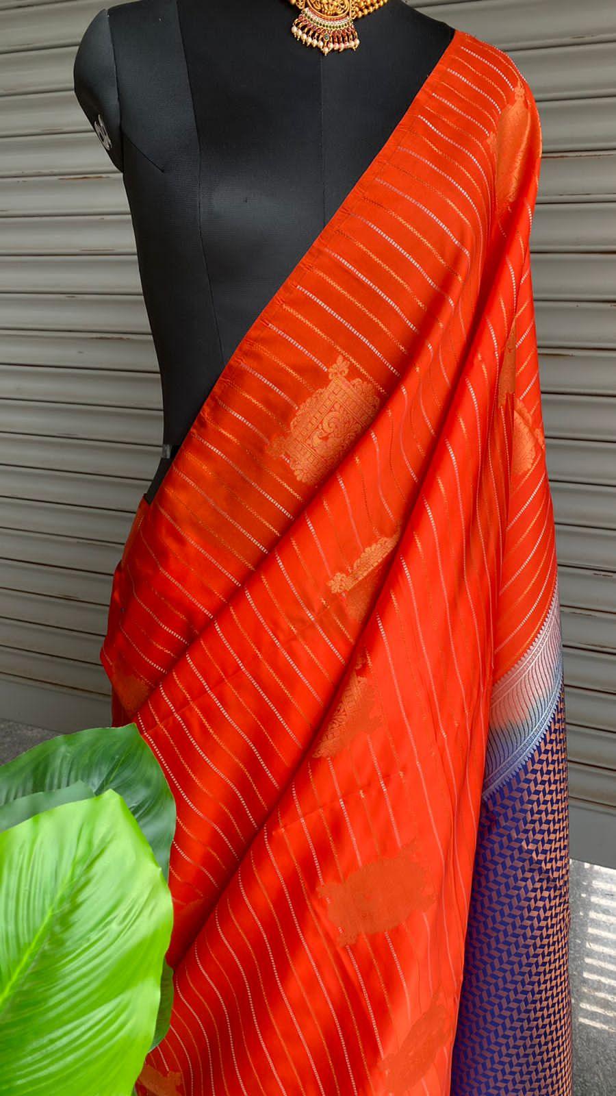 Glossy Orange Color Printed Silk Saree -