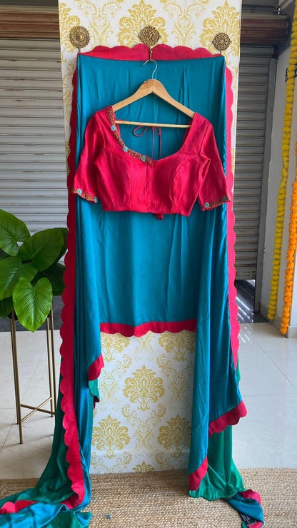Peacock green saree with pink silk hand worked blouse - Threads