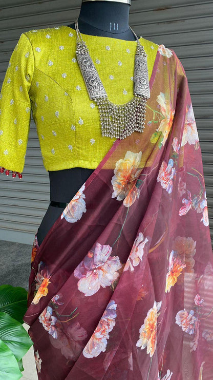 Wine Organza floral saree with heavy embroidery blouse - Threads