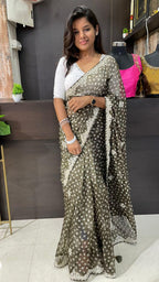 Bottle green Organza saree with heavy embroidery blouse - Threads