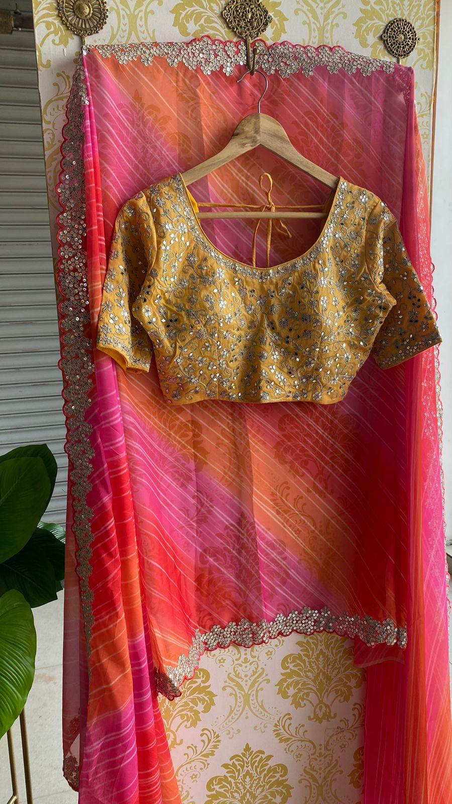 Soft pink and orange organza saree with embroidery yellow blouse - Threads
