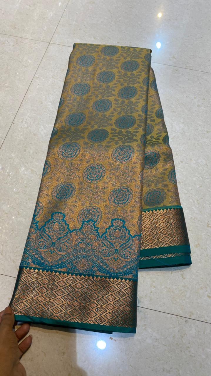 Yellow and peacock silk saree with blouse - Threads