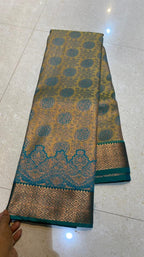 Yellow and peacock silk saree with blouse - Threads