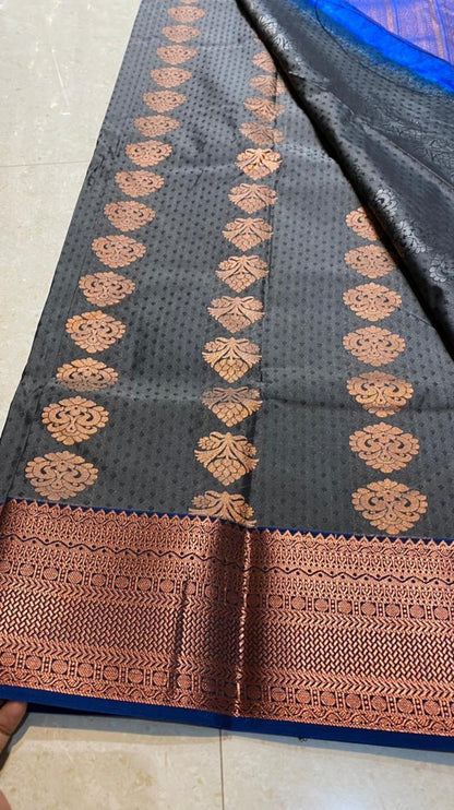 Dual shaded grey and blue silk saree with blouse - Threads
