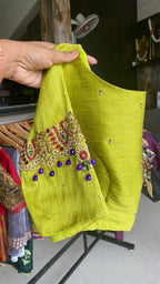 Parrot green silk embroidery hand worked blouse - Threads