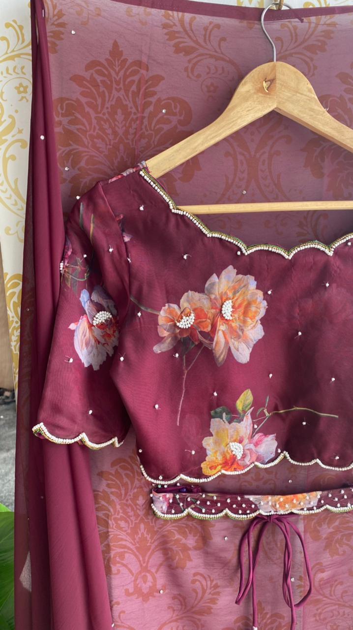 Wine georgette saree with organza hand worked blouse - Threads