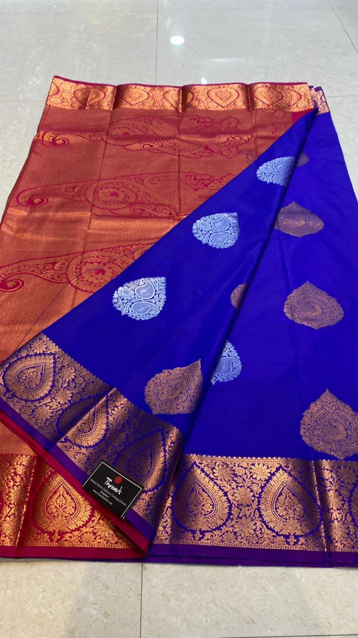 Pepsi blue and red silk saree with blouse - Threads