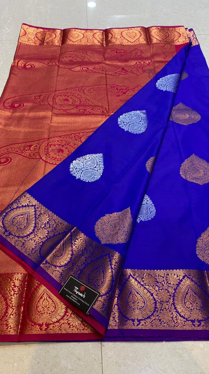 Pepsi blue and red silk saree with blouse - Threads