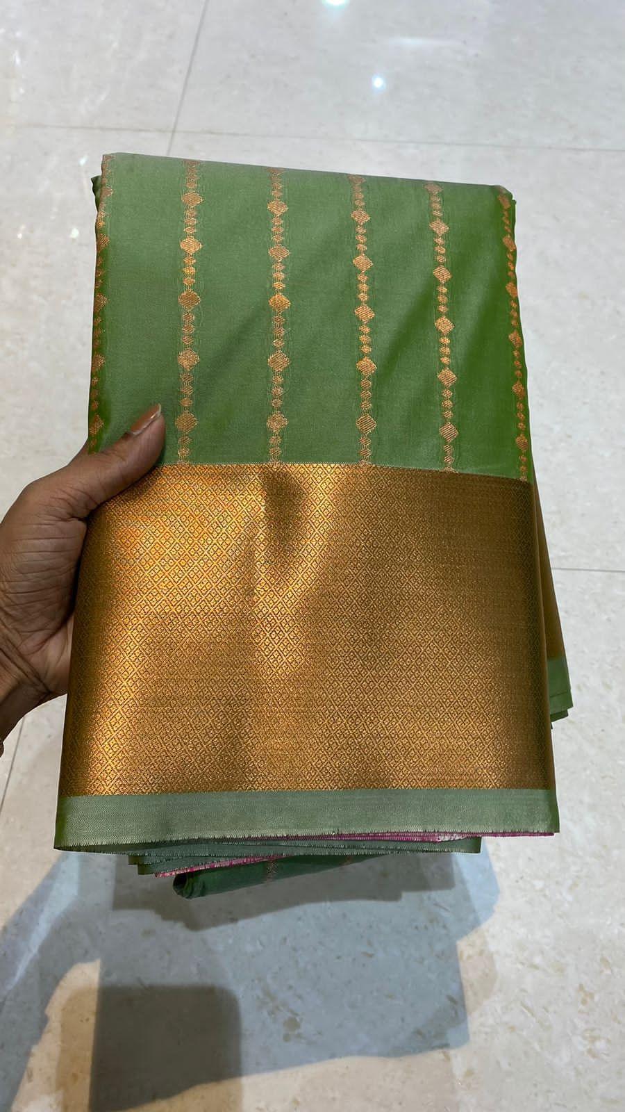 Western green and pink silk saree with blouse - Threads