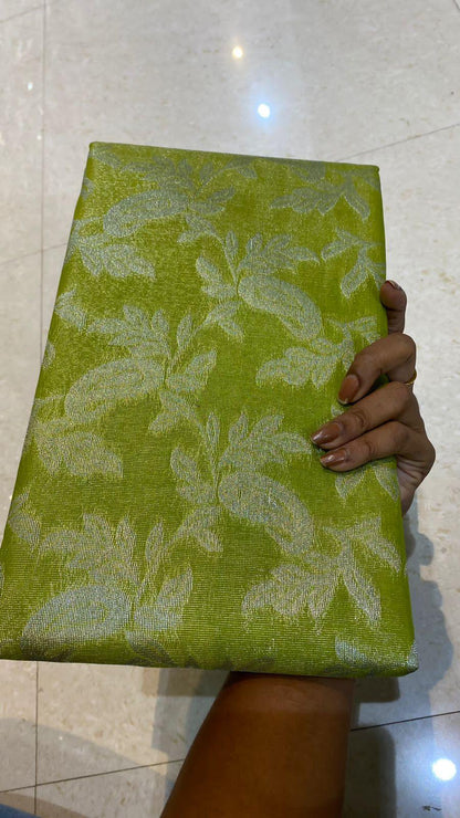Tissue organza parrot green floral silk saree with blouse - Threads
