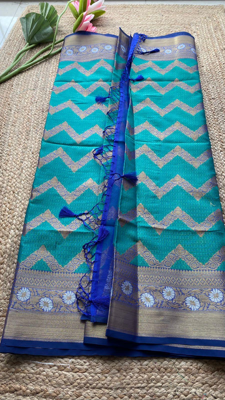 Sea blue silk chanderi saree with blouse - Threads