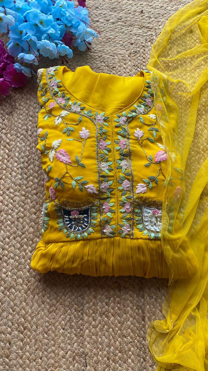 Yellow georgette hand worked gown 2 piece kurti - Threads
