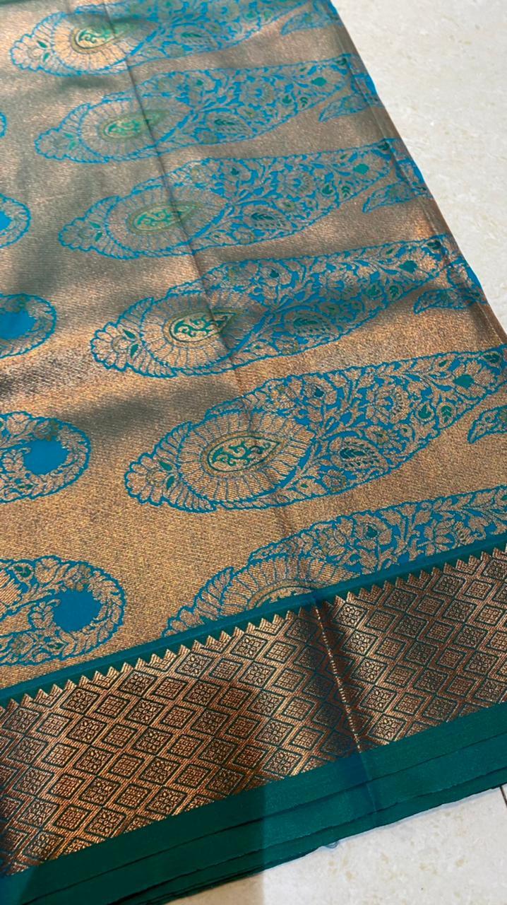 Yellow and peacock silk saree with blouse - Threads