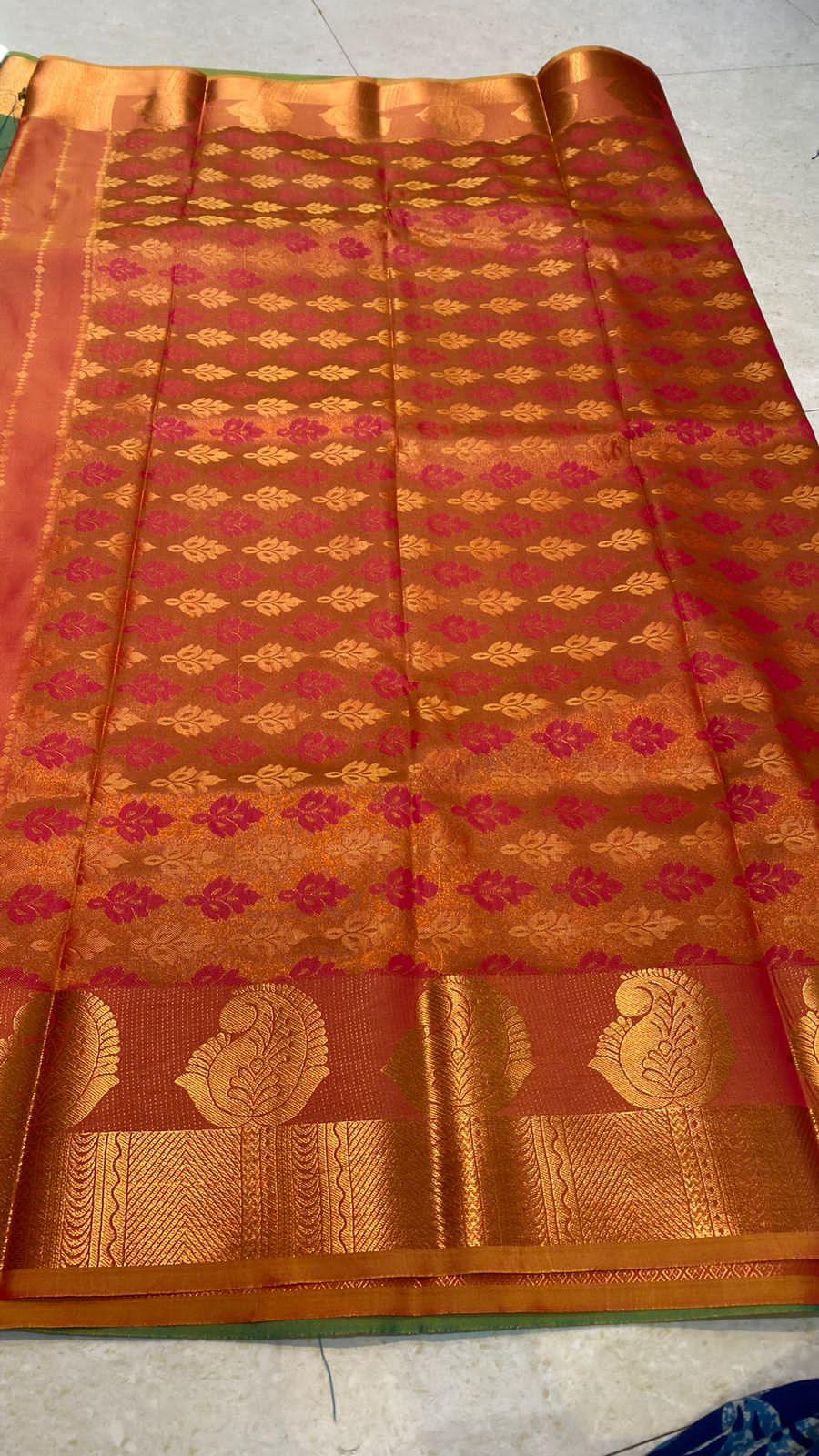Green and orange silk saree with blouse - Threads