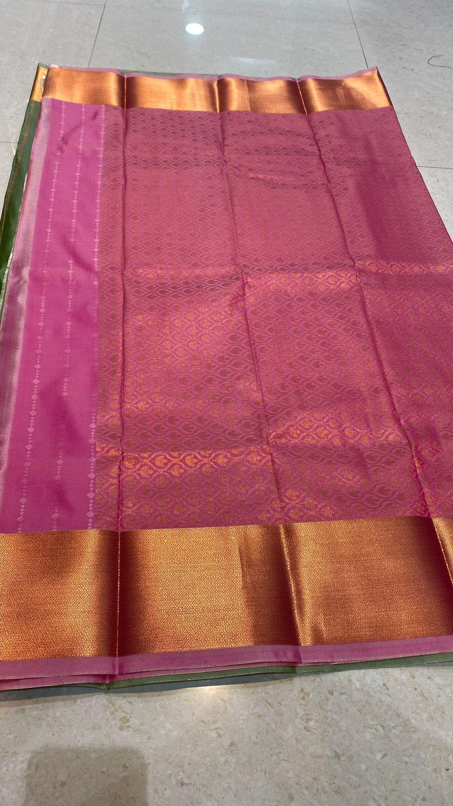 Western green and pink silk saree with blouse - Threads