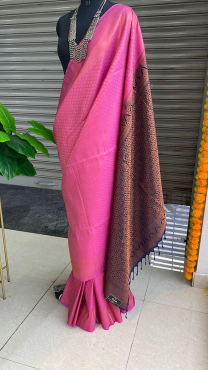 Pink and Blue soft Silk saree with blouse - Threads