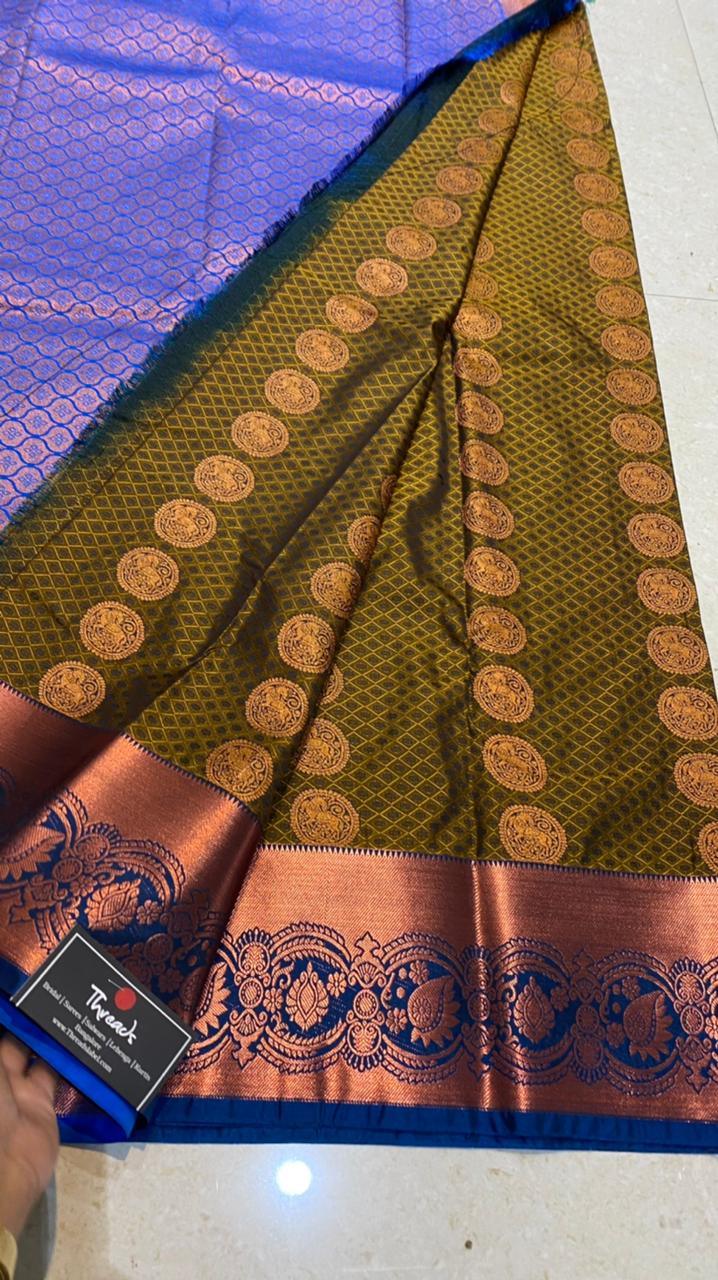 Mehandi green deep blue semi silk saree with blouse - Threads