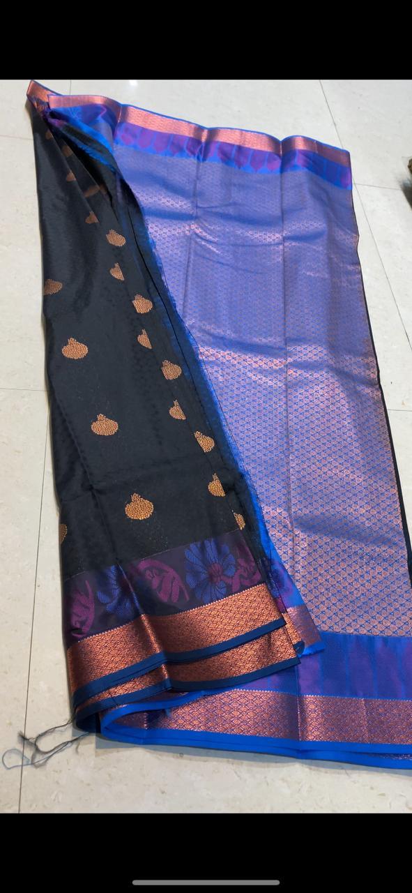 Dual shaded black and blue silk saree with blouse - Threads