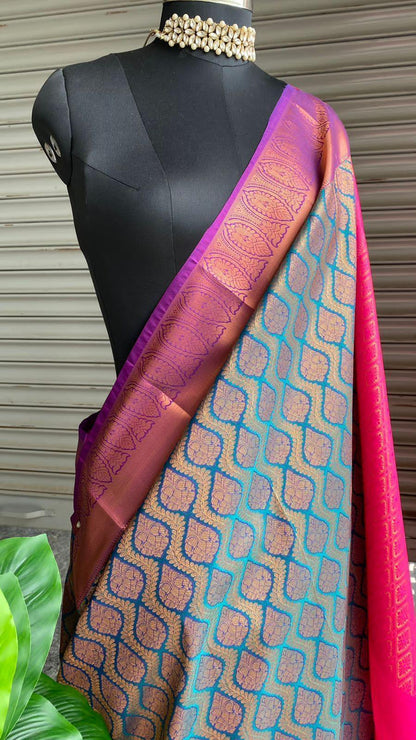 Banarasi Blue and pink silk saree with blouse