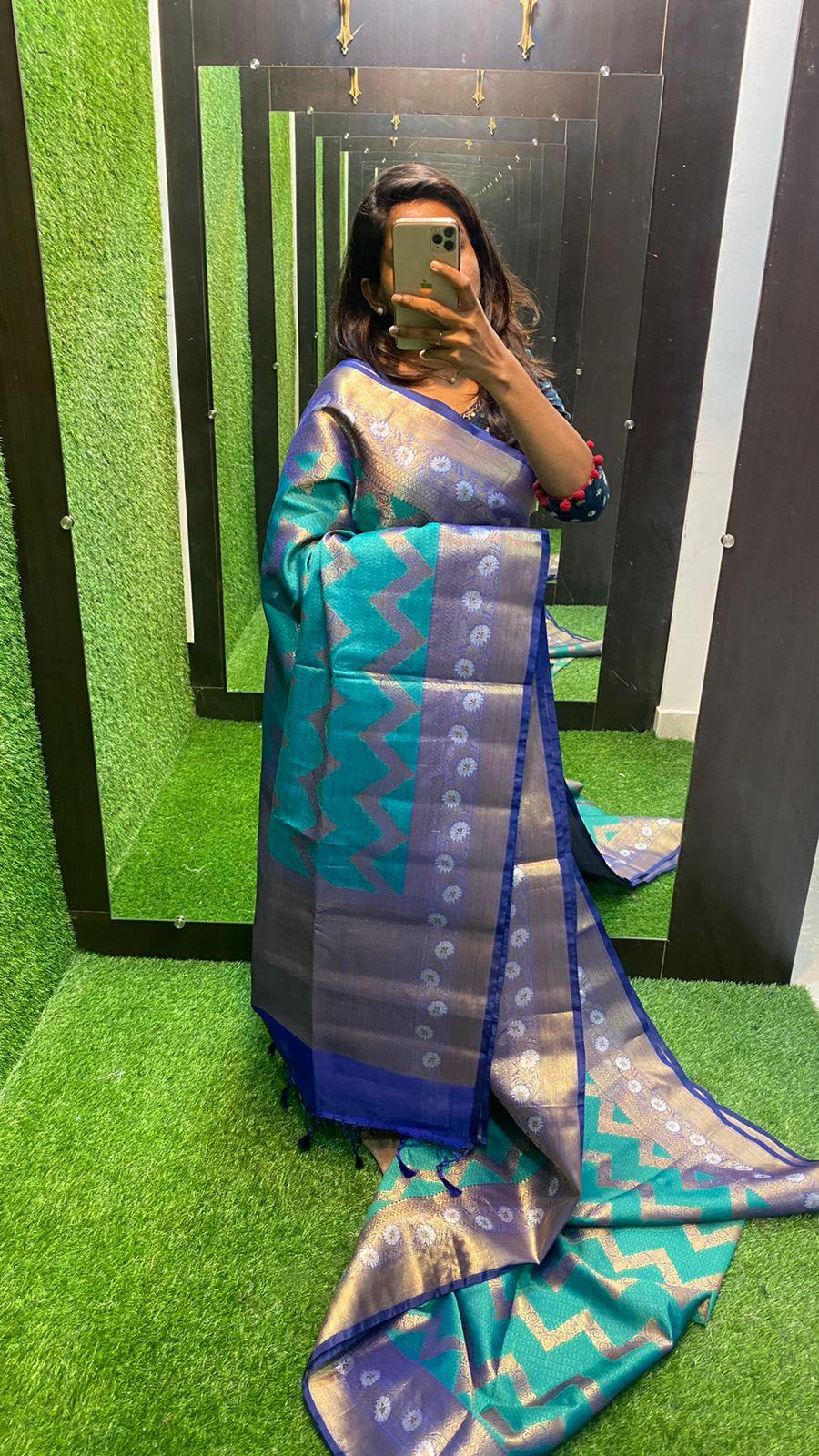 Sea blue silk chanderi saree with blouse - Threads