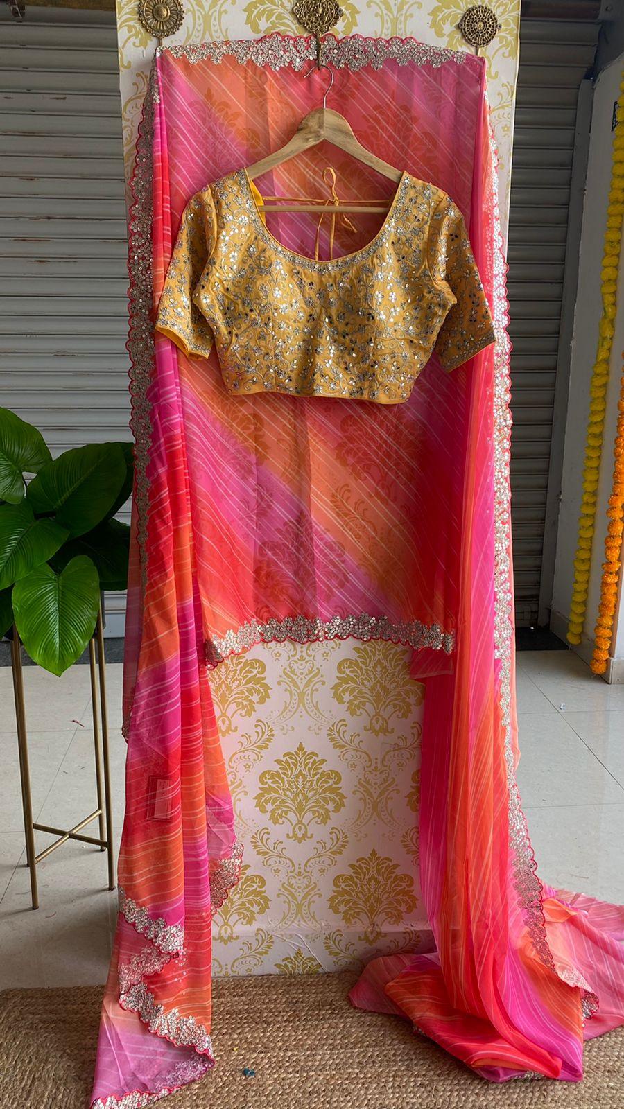 Soft pink and orange organza saree with embroidery yellow blouse - Threads