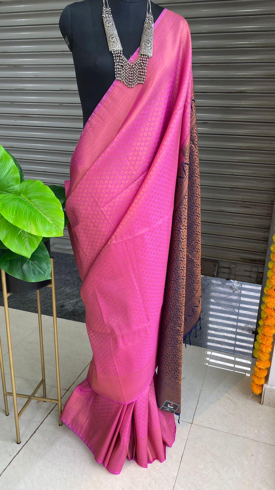 Pink and Blue soft Silk saree with blouse - Threads